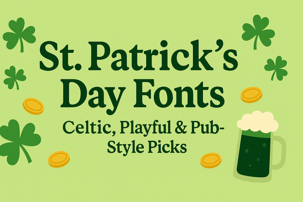 St. Patrick’s Day Fonts banner with Celtic typography, shamrocks, gold coins, and green-and-gold palette — Celtic, Playful & Pub-Style Picks for March Designs.