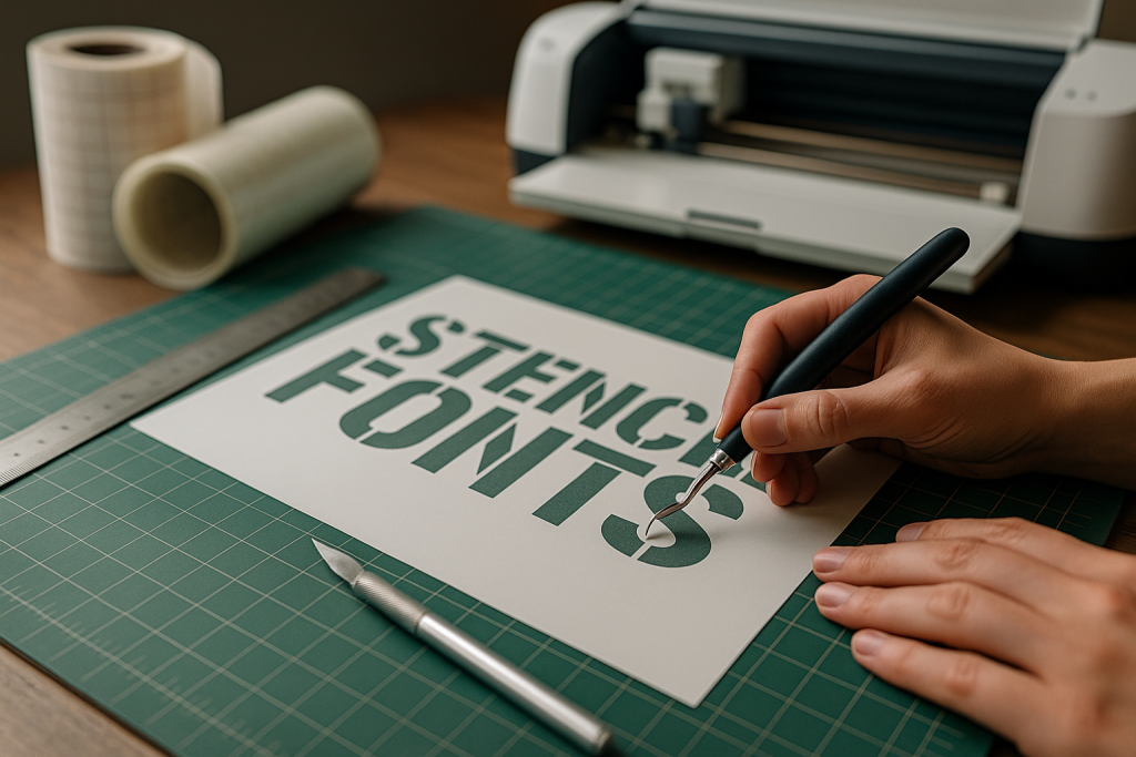 Cut-friendly stencil font example: bold letters with bridges (A, O, R) on a vinyl decal being weeded with tweezers — Cricut/Silhouette friendly.