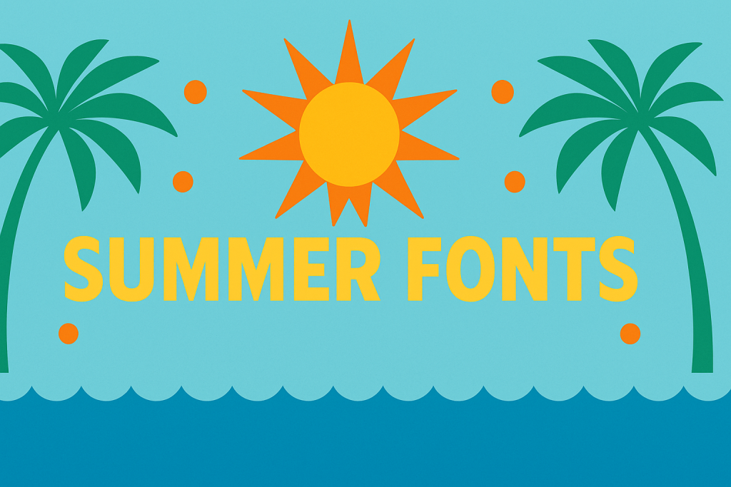 Summer fonts banner with a centered sun, mirrored palm leaves and a symmetric wave border on an ocean-blue background.