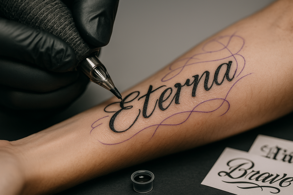 Tattoo Fonts banner — real lettering tattoo in progress: artist uses a rotary machine to etch a script word on a forearm; stencil guide and ink visible.