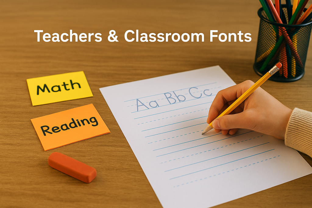 eacher writing “Aa Bb Cc” on a lined handwriting worksheet; colorful “Math/Reading” cards and pencils on a classroom desk — Teachers & Classroom Fonts banner.