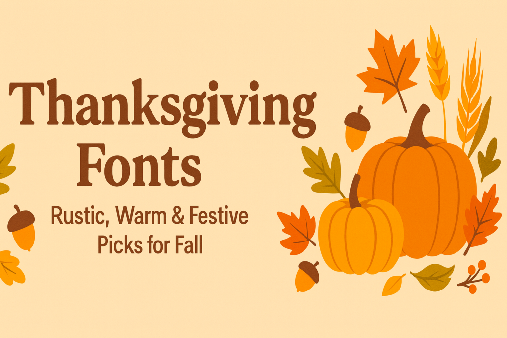 Thanksgiving Fonts banner with centered title and balanced autumn illustrations — pumpkins, wheat, acorns and leaves; Rustic, Warm & Festive Picks for Fall.