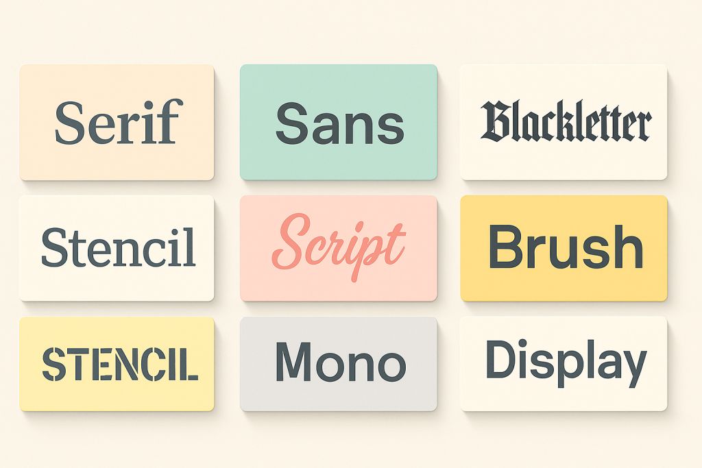 4×2 grid banner showing eight typography styles—bold sans, script, serif, blackletter, stencil, brush, handwritten, and modern display—in varied colors for design previews.