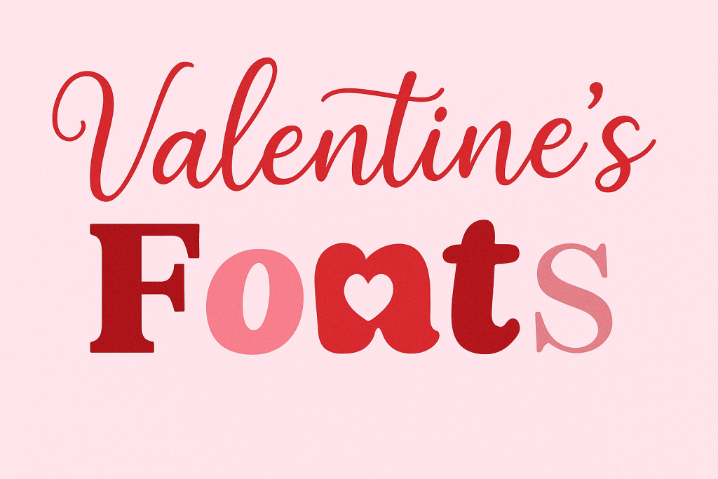 Valentine’s Fonts banner showing romantic script, serif, and decorative styles with soft pink heart background.