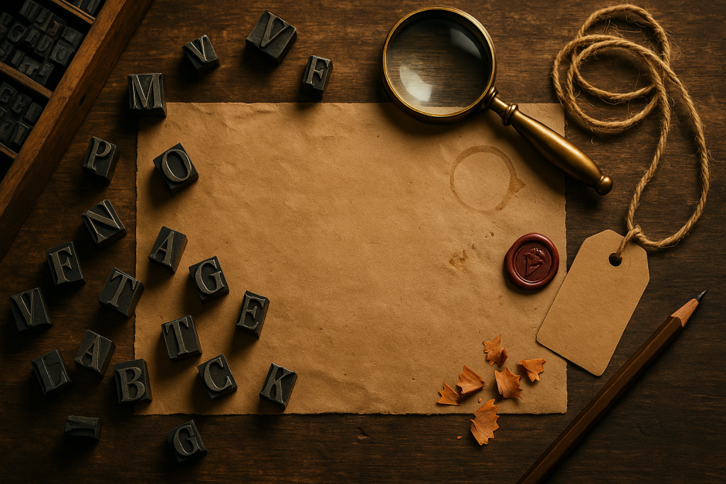 Vintage Fonts banner on kraft paper—die-cut label with “Vintage Fonts,” subtle coffee stains, rubber-stamp “EST. 1975,” heritage look for badges and labels.