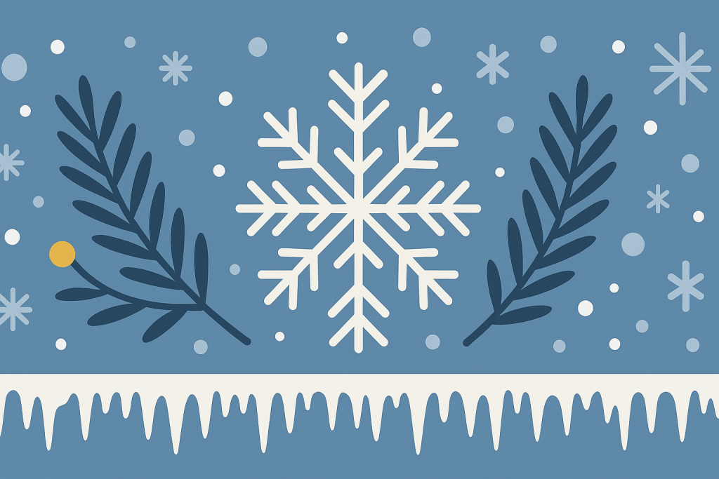 Winter fonts banner with a centered snowflake, mirrored pine branches and a symmetric icicle border on a cool blue background.