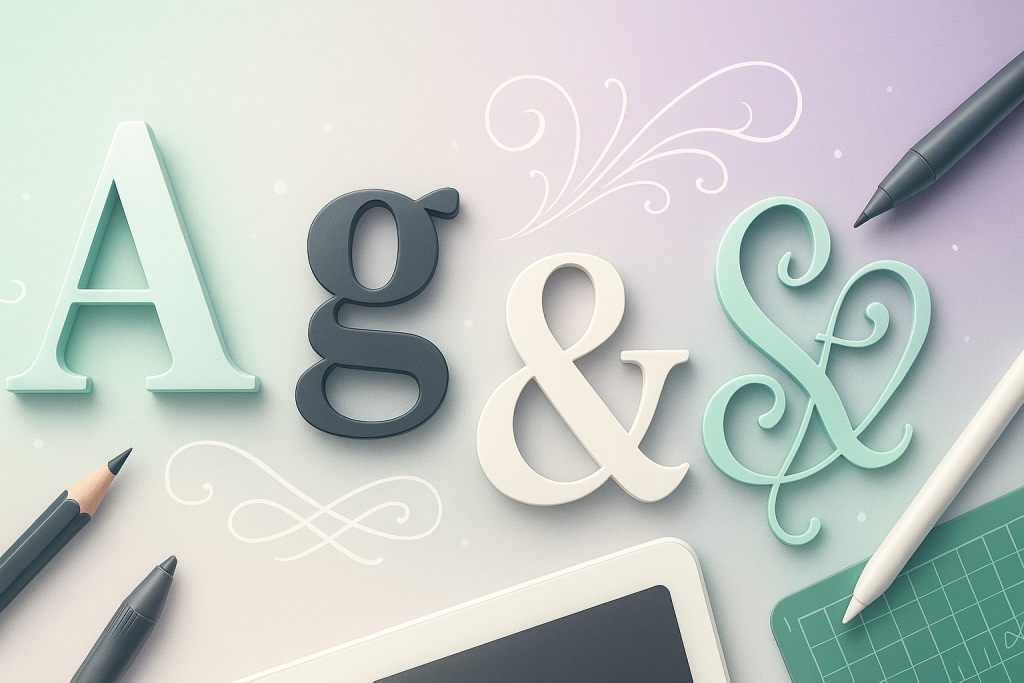 Fonts & Text Tools banner with 3D letterforms, calligraphy swirls, and a pen