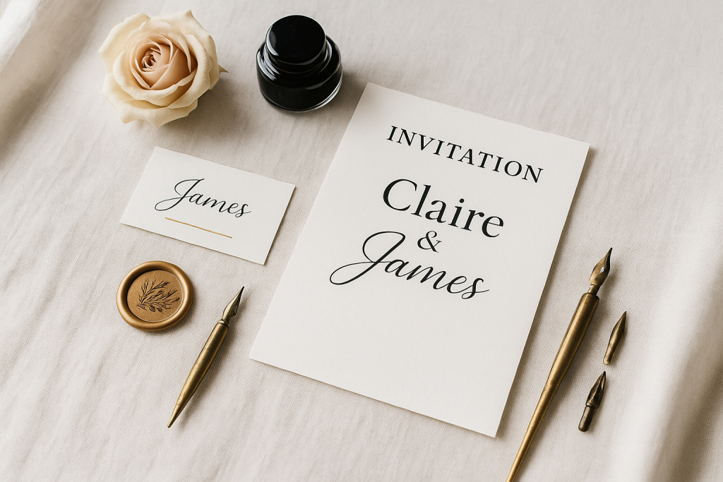 Invitations & Cards banner — 5×7" invitation with serif headline and flowing script names on linen, plus place card and wax seal.