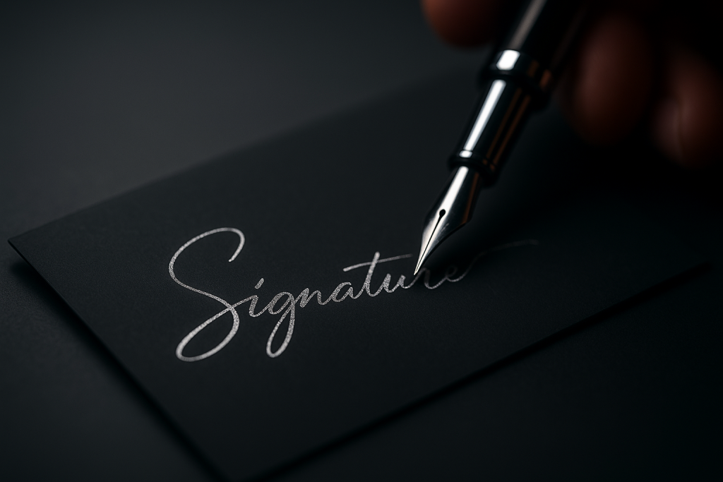 Handwritten signature ‘Eterna’ on a dark gradient background with a metallic pen nib — banner for Signature Fonts.