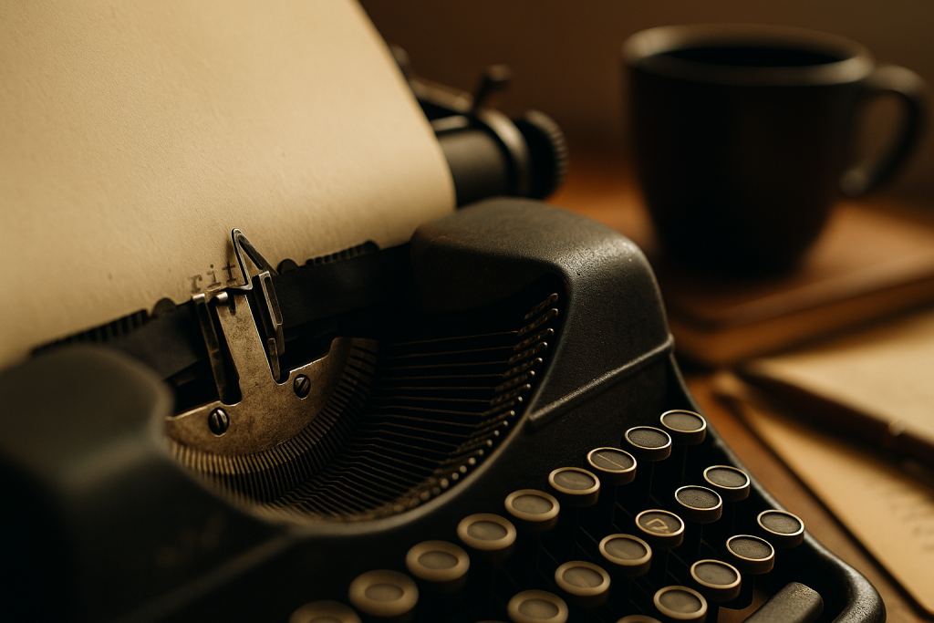 Typewriter Fonts banner — close-up of a vintage typewriter typing on paper; mix of clean and grungy letter hits, perfect for journals, menus and overlays.