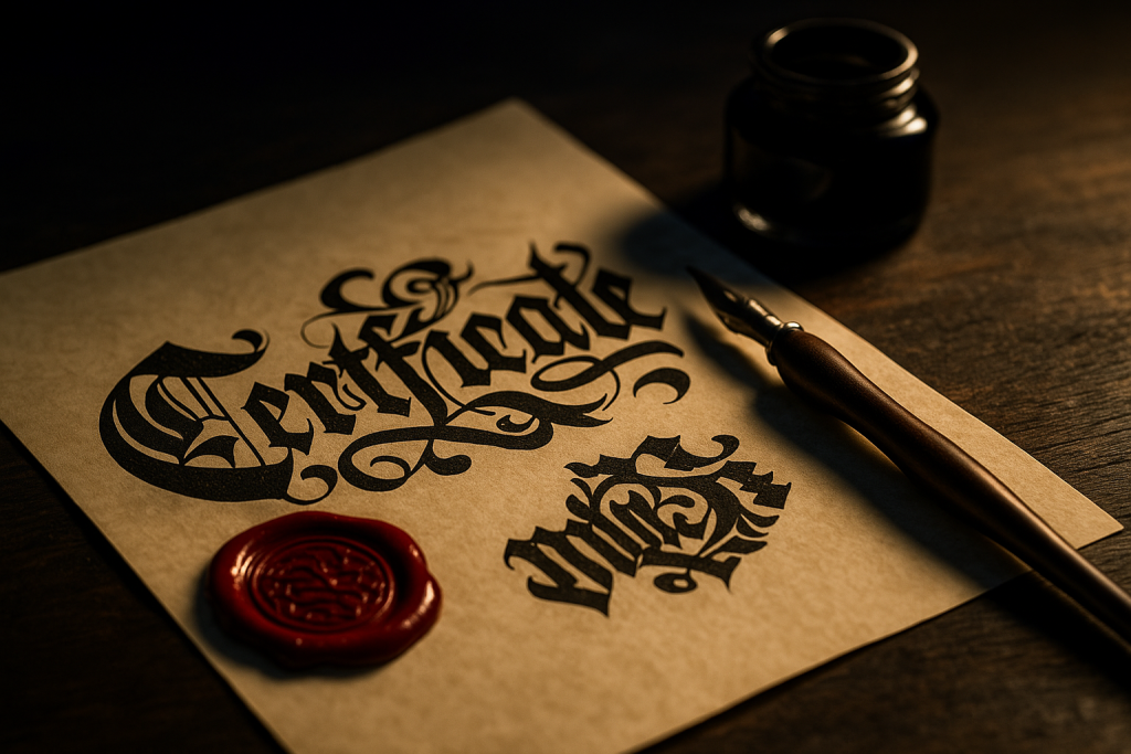 Certificate mockup with dramatic blackletter title on parchment, red wax seal, dip pen and ink on a dark wooden desk — Gothic & Blackletter fonts vibe.