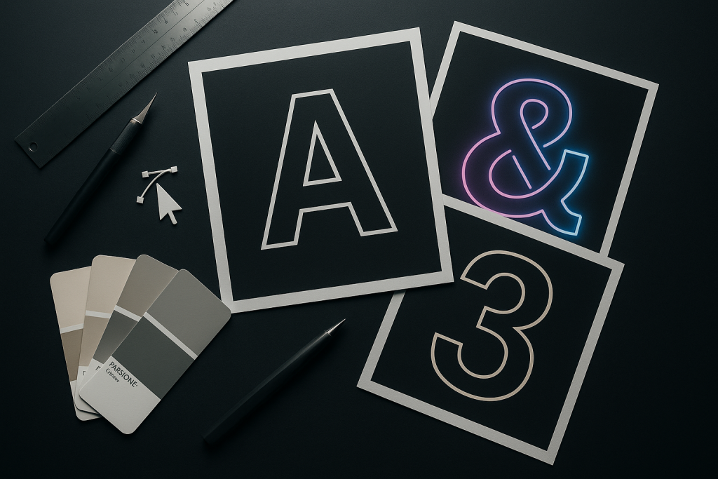 Outline fonts banner — hollow headline letters with bold outlines, inline strokes and neon/3D layered effects on a dark gradient.