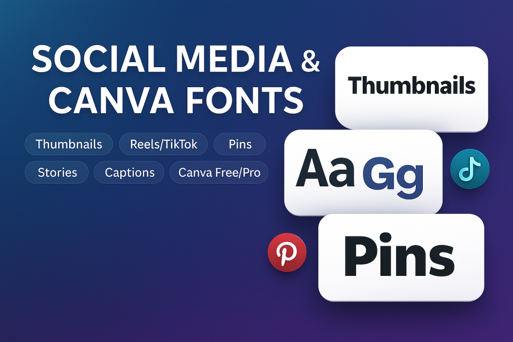 Social Media & Canva Fonts banner — large white title on a teal-to-indigo gradient, pill chips (“Thumbnails, Reels/TikTok, Pins, Stories, Captions, Canva Free/Pro”) and three white cards labeled Thumbnails, Reels/TikTok and Pins with soft shadows.