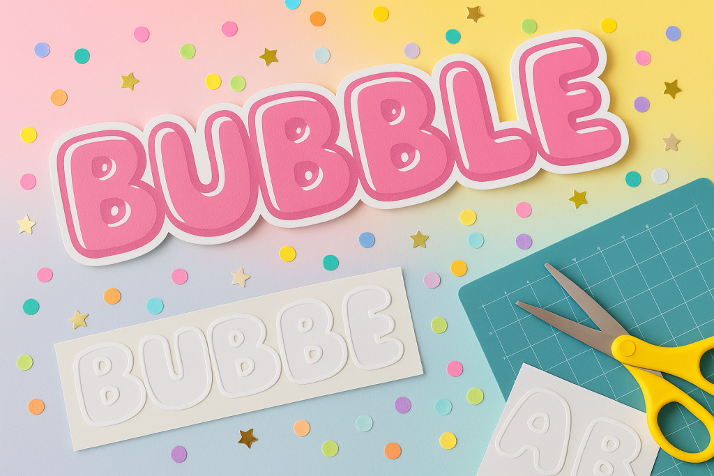 Rounded bubble letters spelling “BUBBLE” with white sticker outline on a colorful paper background — kid-friendly, high-contrast, readable for stickers and labels.