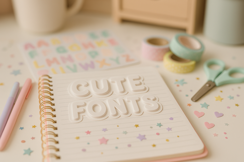 Cute Fonts banner with pastel gradient, bubble “CUTE FONTS” lettering, white sticker cards and confetti — kawaii planner vibe.