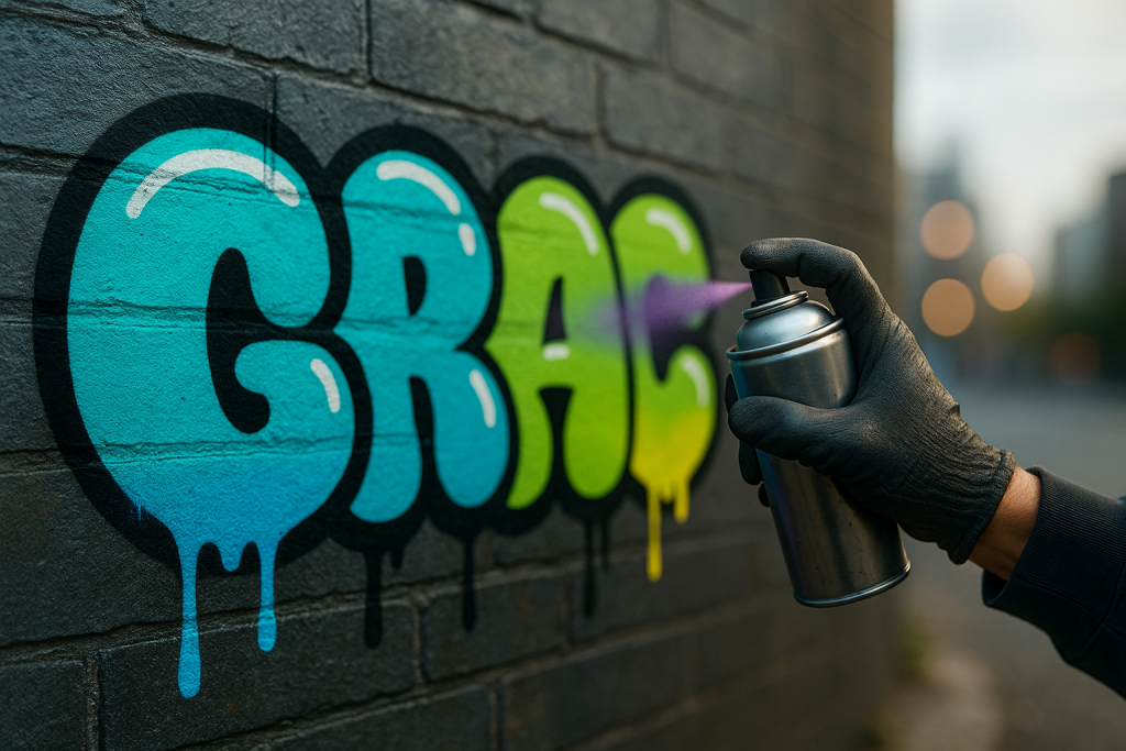Graffiti tag being sprayed on a wall—bubble letters with outline and drip accents.