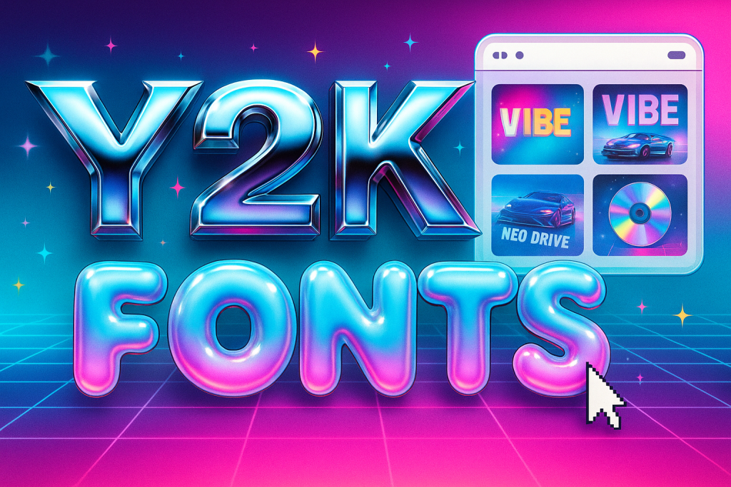 Y2K fonts — chrome and bubble letters on a neon gradient with holographic glare, thumbnail-ready.