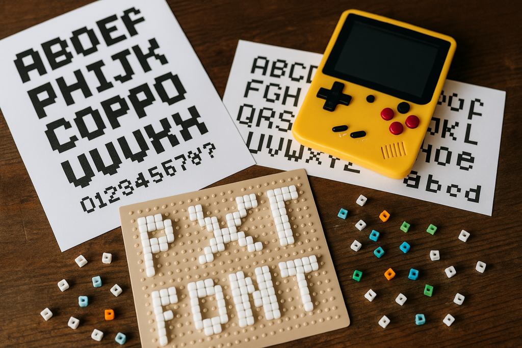 Close-up of a retro handheld screen with 8-bit letters spelling “PIXEL” — nostalgic gaming vibe.