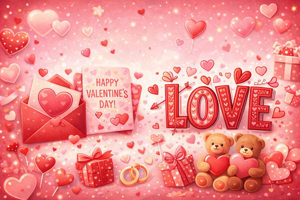 Valentine’s Day banner with pink hearts, romantic decorative elements, and festive graphic accents for cards, crafts, and print projects.