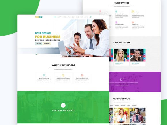 Creative agency website template showing portfolio, client results and modern business layout
