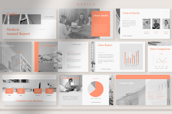 Modern annual report slide deck template with KPI layouts