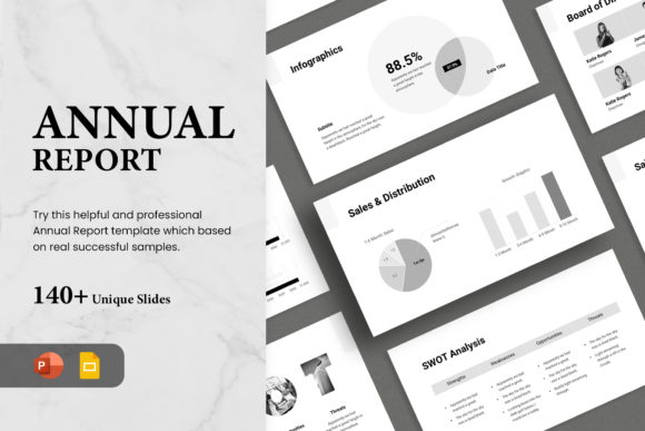 Annual report presentation template with clean charts and highlights