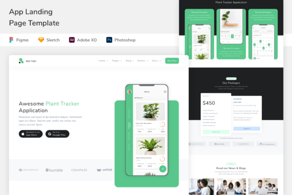 App landing page template with mobile UI screens and CTA