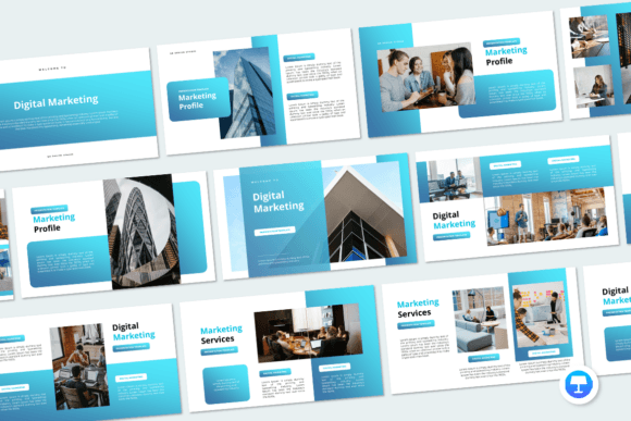 Marketing proposal presentation template preview with clean client-ready slides