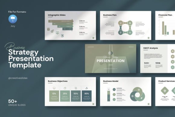 Business strategy keynote template with KPI charts and modern layout