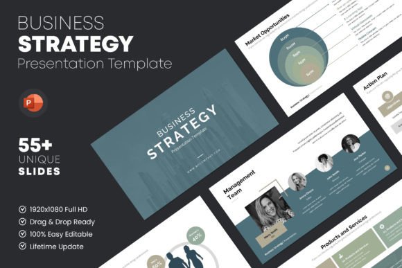 Business strategy PowerPoint template with roadmap and metrics slides