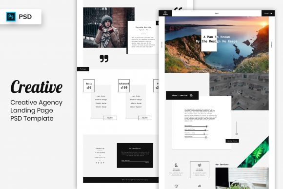 Agency website template homepage design with services, case studies and call to action layout