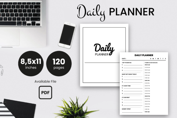 Daily planner interior template with time blocks and top priorities