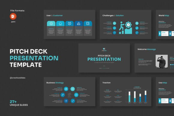 Dark pitch deck template with bold contrast and charts