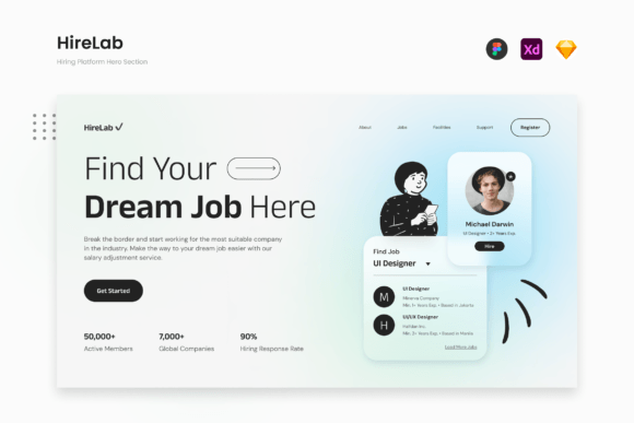 Hero section layout example for a hiring platform with CTA and profile proof