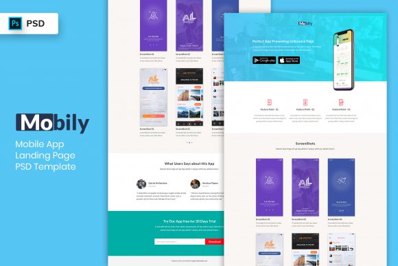Mobile app landing page template with screenshots and install CTA