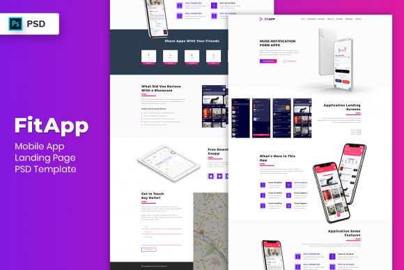 App landing page layout with feature sections and UI previews