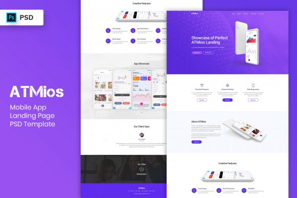 Mobile app landing page template with app screenshots and benefits
