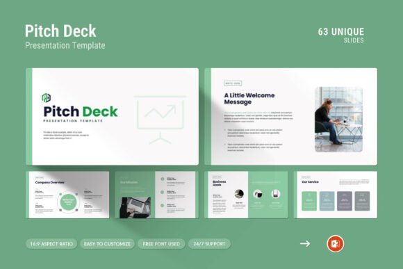 Pitch deck presentation template preview with clean investor slides