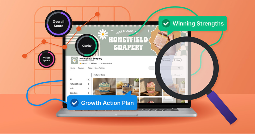 AI Etsy Coach showing Etsy shop analysis, winning strengths, and growth action plan