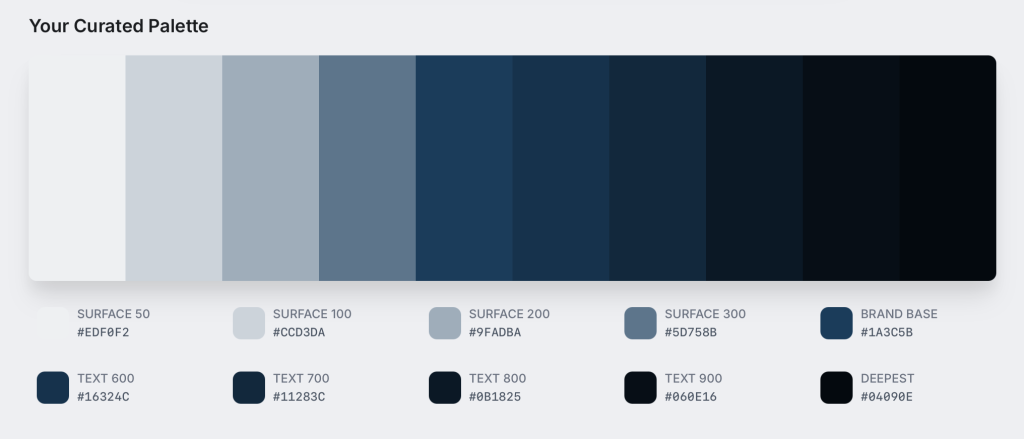 Curated brand color palette with shade scale and hex color tokens for visual identity