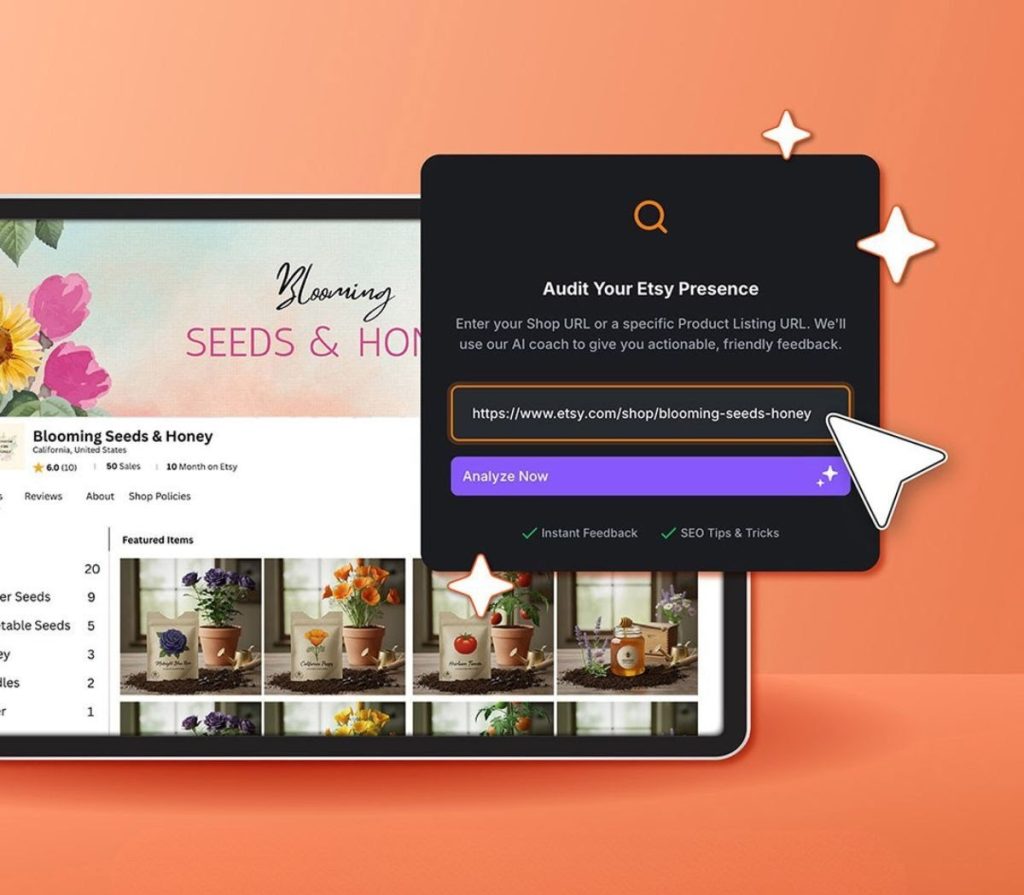 AI Etsy Coach audit panel with Etsy shop URL input
