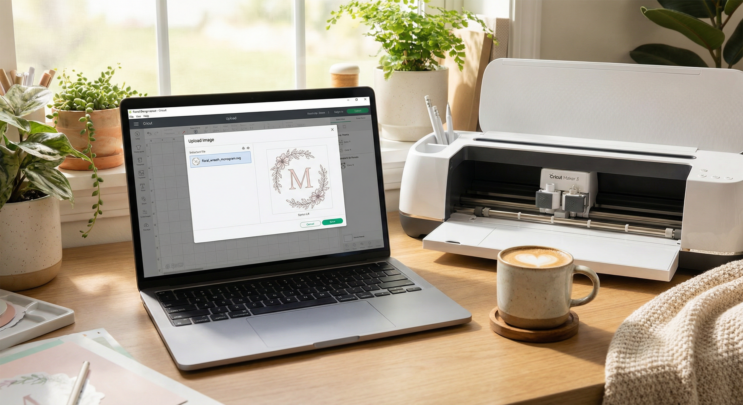 Uploading free SVG file to Cricut Design Space on laptop next to Cricut Maker