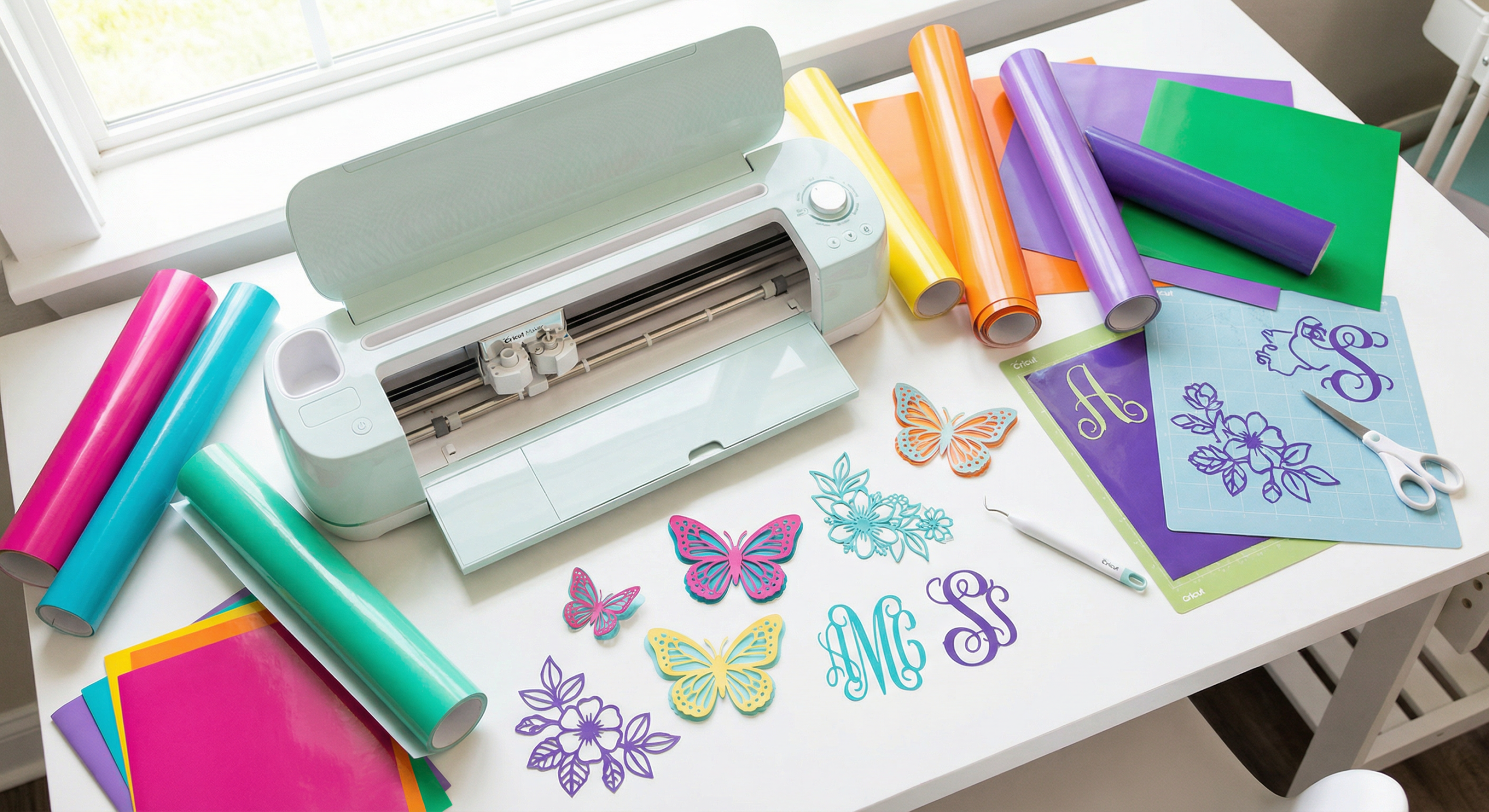 Free SVG files for Cricut with colorful vinyl and cut designs on craft table