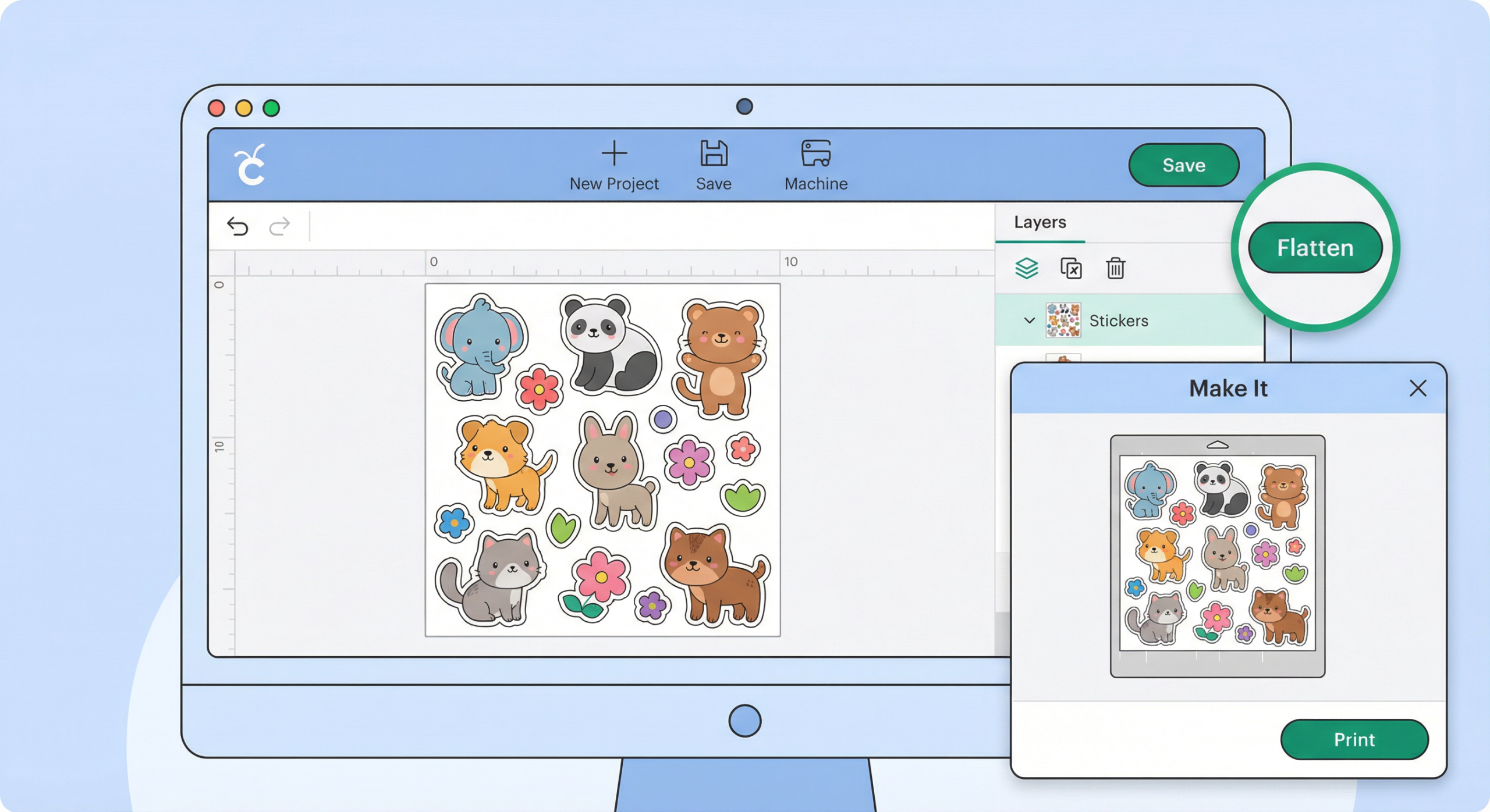 Cricut Design Space Print Then Cut interface and Flatten tool