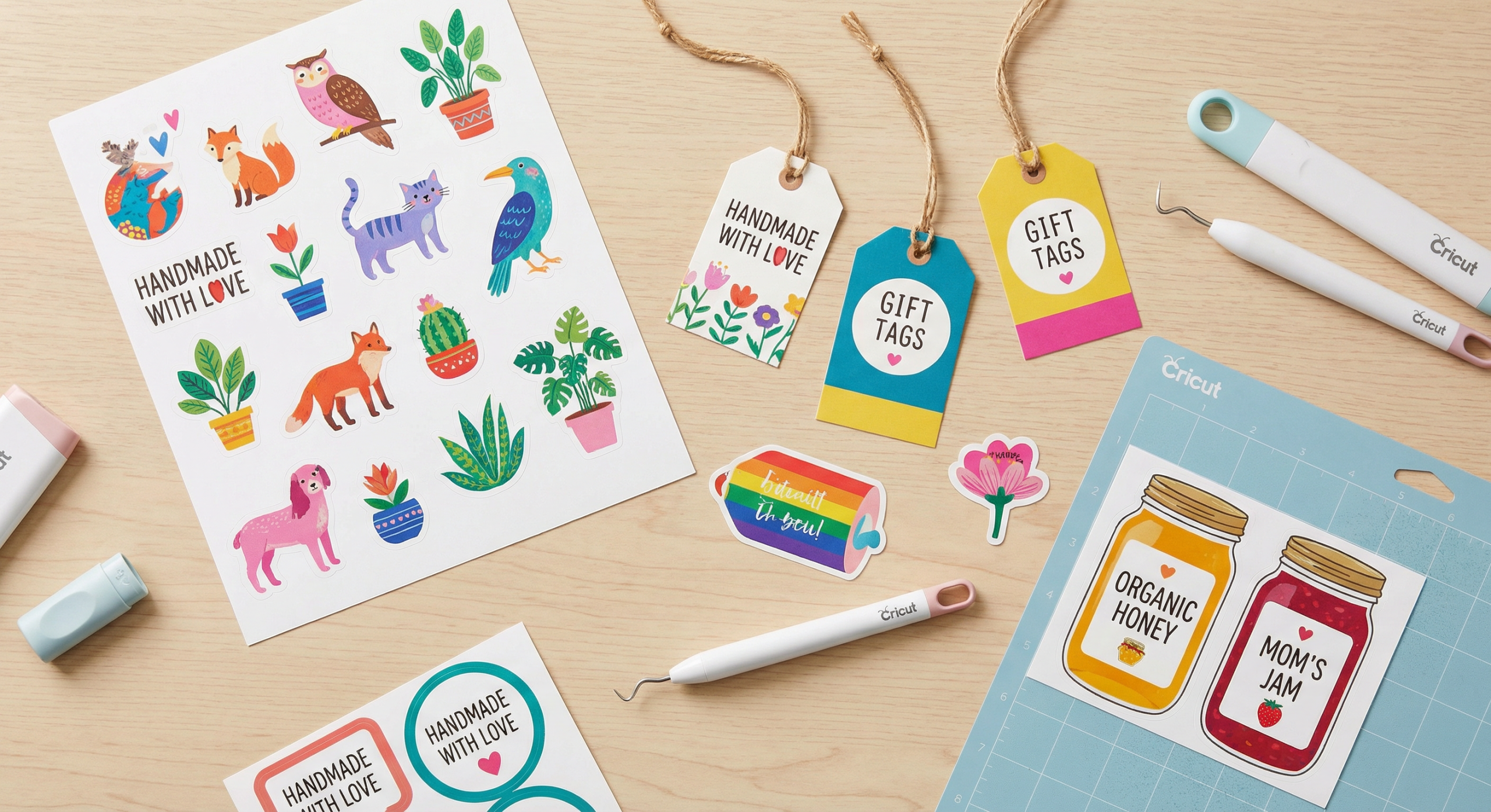 Finished stickers and labels made with Cricut Print Then Cut