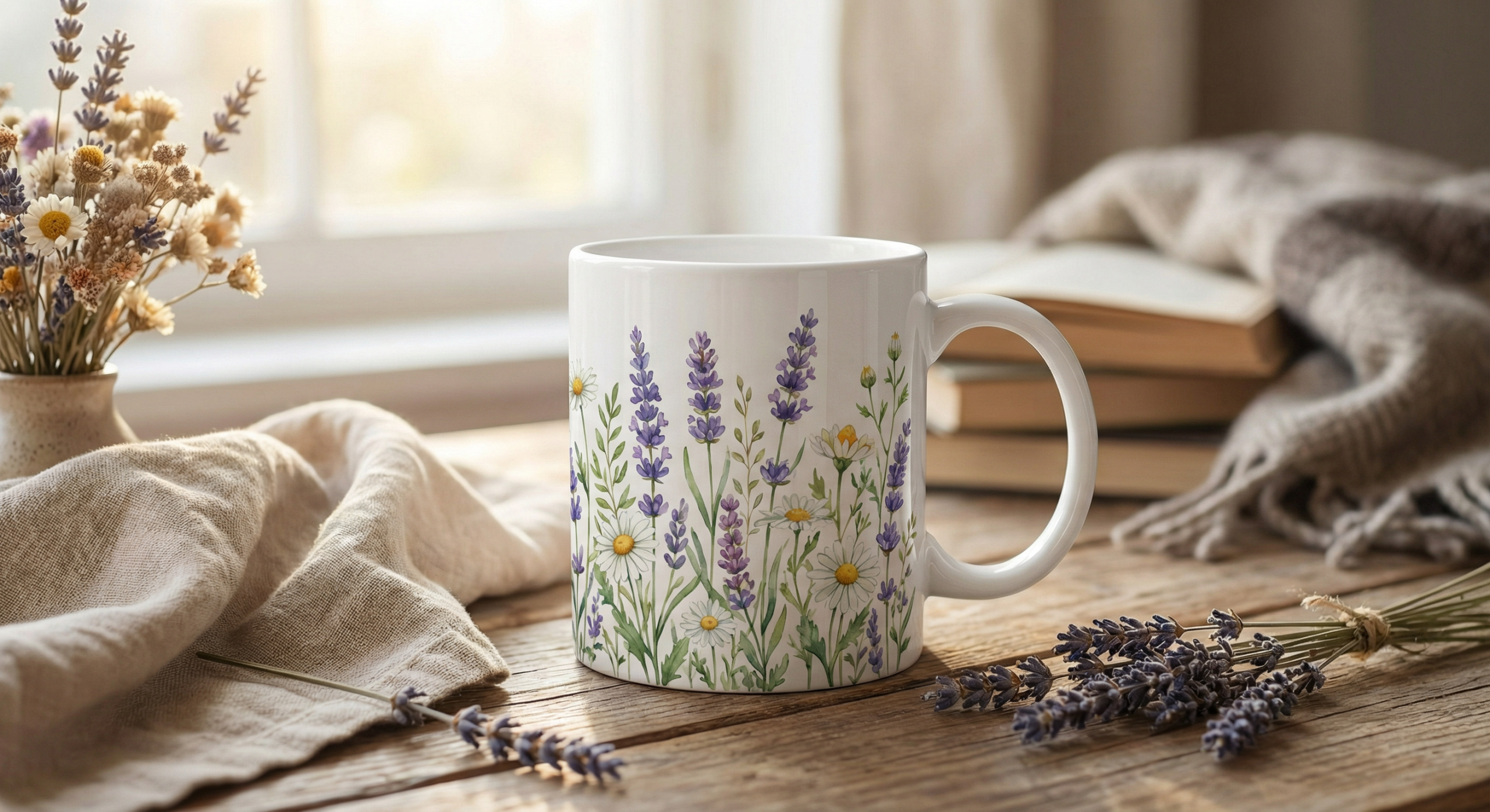 White ceramic mug with watercolor wildflower sublimation wrap design