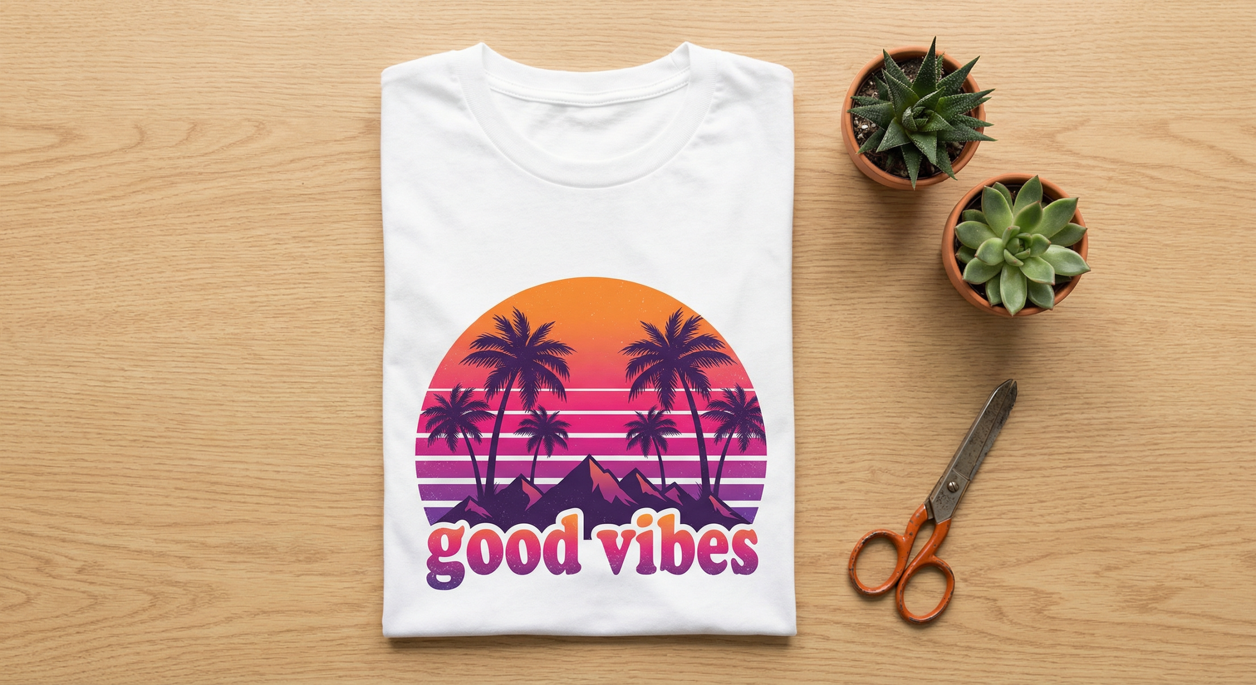 White t-shirt with retro sunset sublimation print design