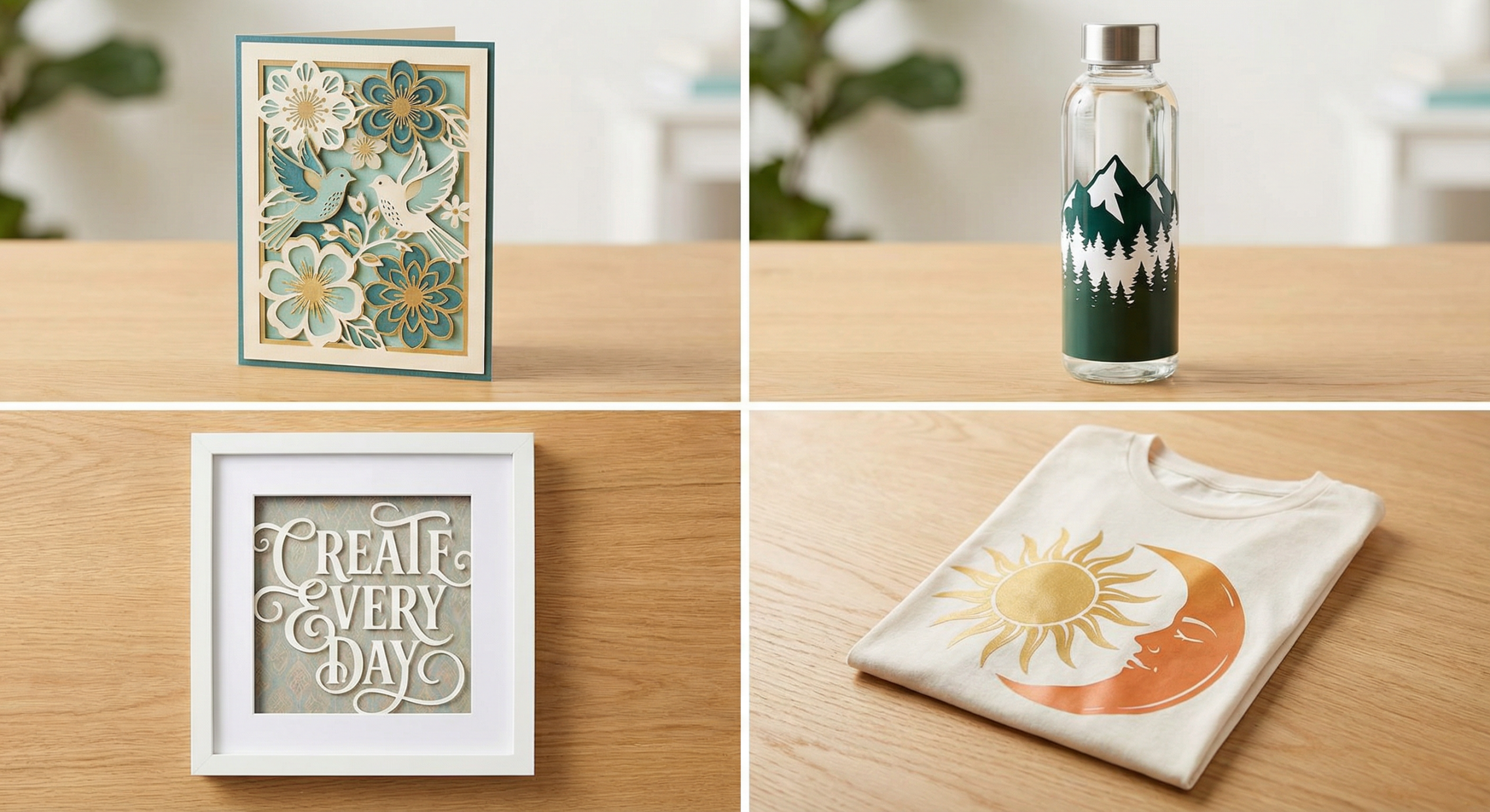 Cricut SVG project ideas including cards, vinyl decals, wall art and t-shirts