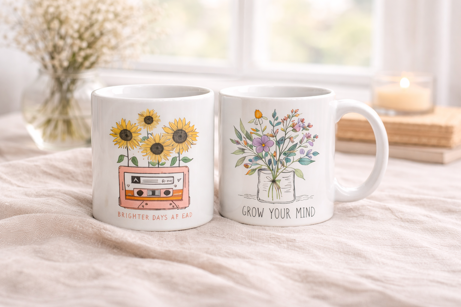 Vintage watercolor floral mug wrap inspiration with colorful flowers and quote-ready composition