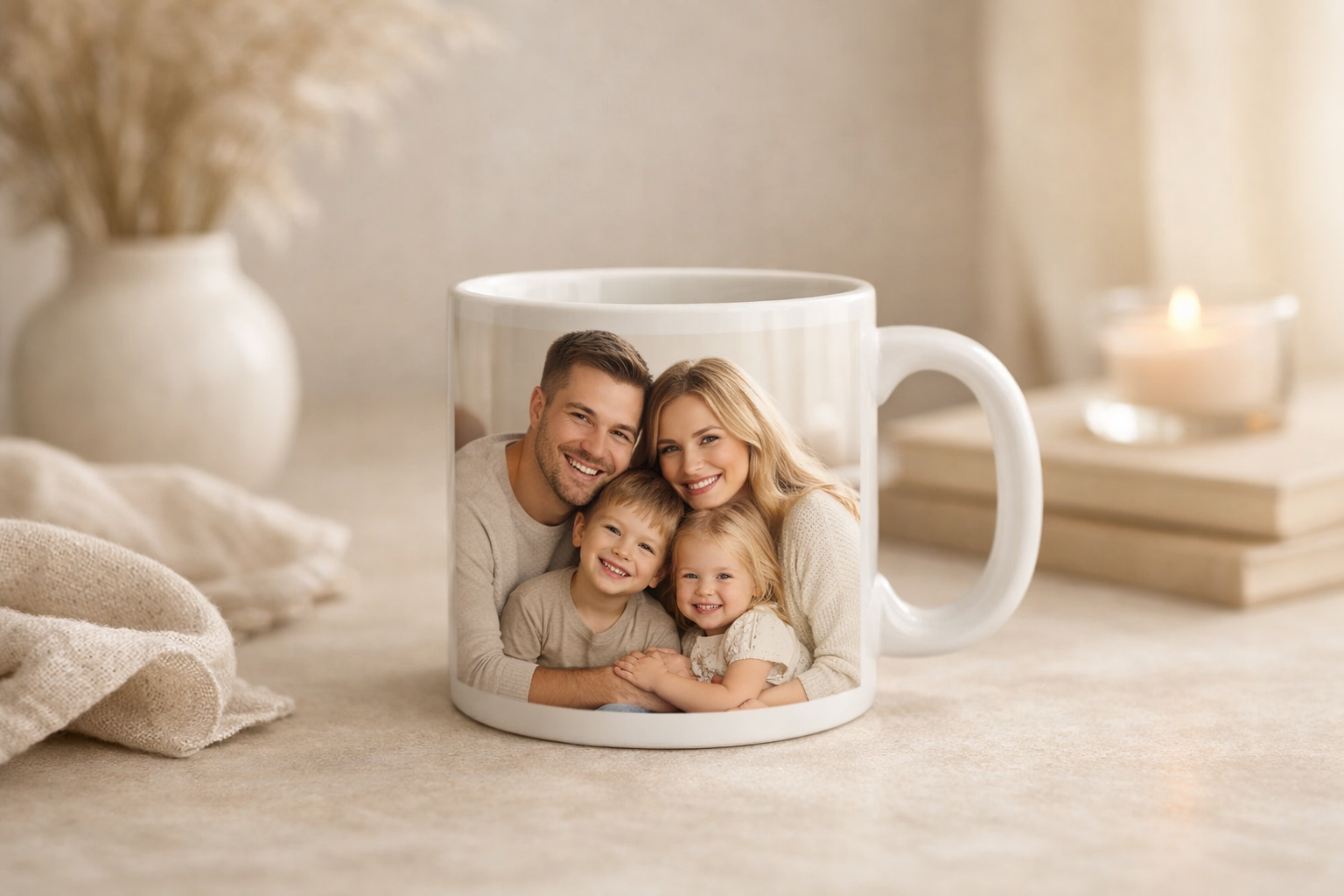 Personalized photo mug with family picture and soft lifestyle styling